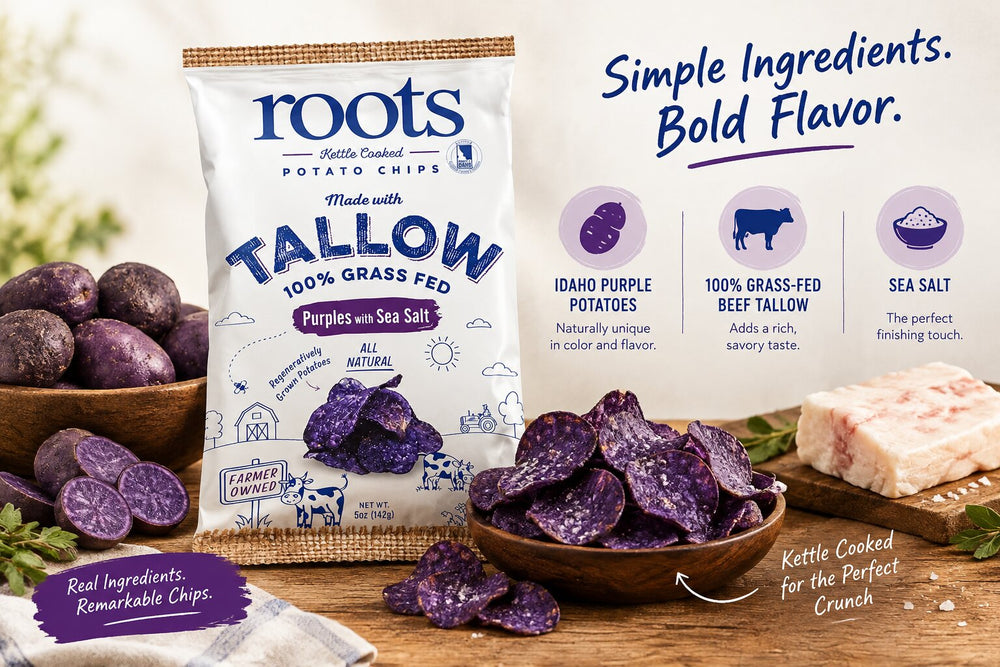 Roots Tallow Potato Chips | Idaho Purple Potatoes & Sea Salt