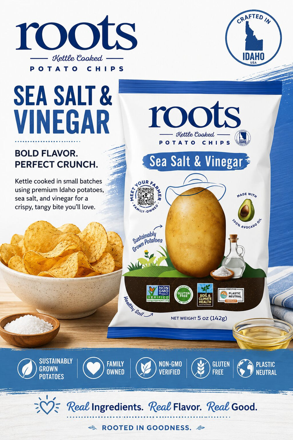 Roots Sea Salt & Vinegar Kettle Cooked Potato Chips | Made with Avocado Oil