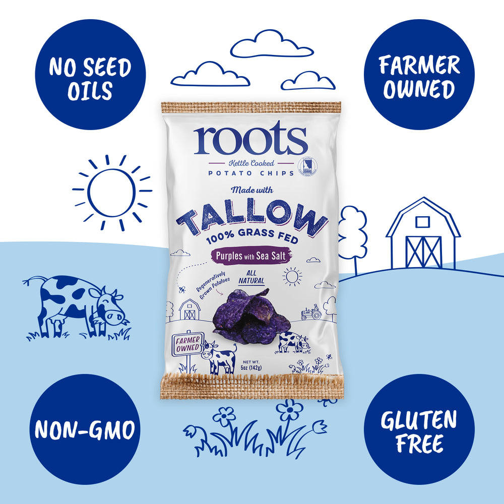 Tallow Purple Sea Salt Kettle Cooked Potato Chips – Naturally Vibrant Flavor – Regenerative Idaho Purple Potatoes Cooked in 100% Tallow – (12 x 5 oz Bags)