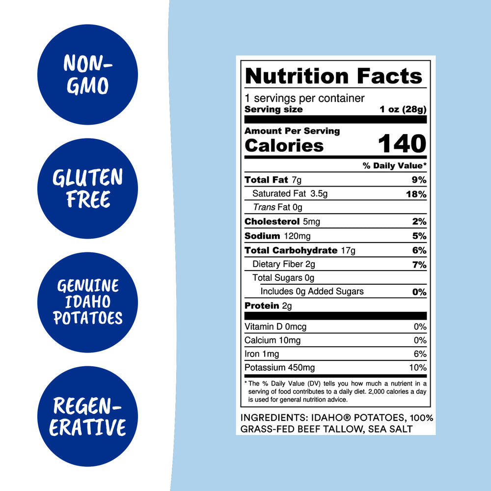 Tallow Sea Salt Kettle Cooked Potato Chips – Rich, Savory Flavor – Regenerative Idaho Potatoes Cooked in 100% Grass-Fed Beef Tallow – (30 x 1 oz Bags)