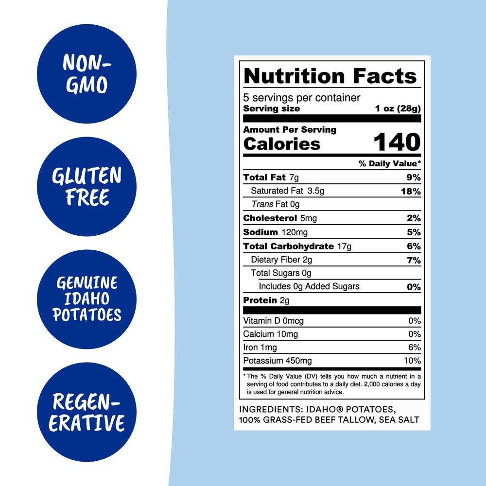 Tallow Sea Salt Kettle Cooked Potato Chips – Rich, Savory Flavor – Regenerative Idaho Potatoes Cooked in 100% Grass-Fed Beef Tallow – (2 x 5 oz Bags)